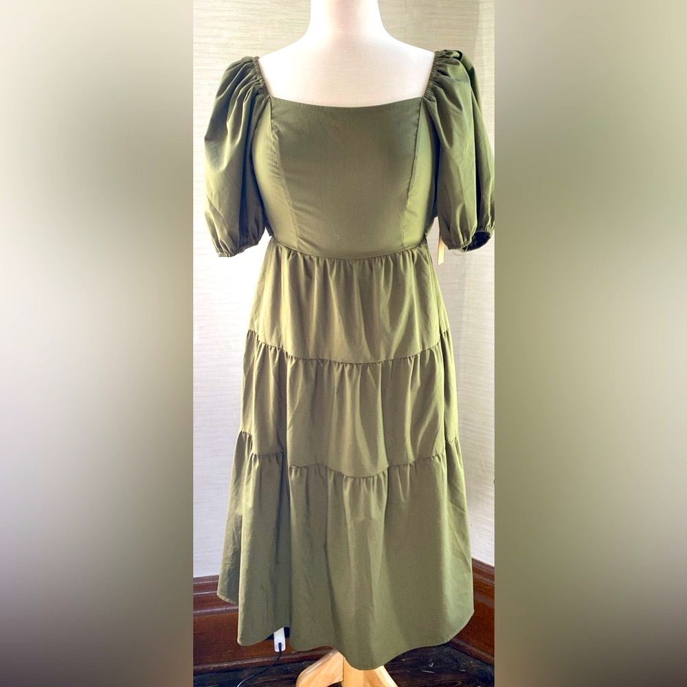 “Just Found”Olive Green Tiered Dress with Tied back Closure - Picture 1 of 9